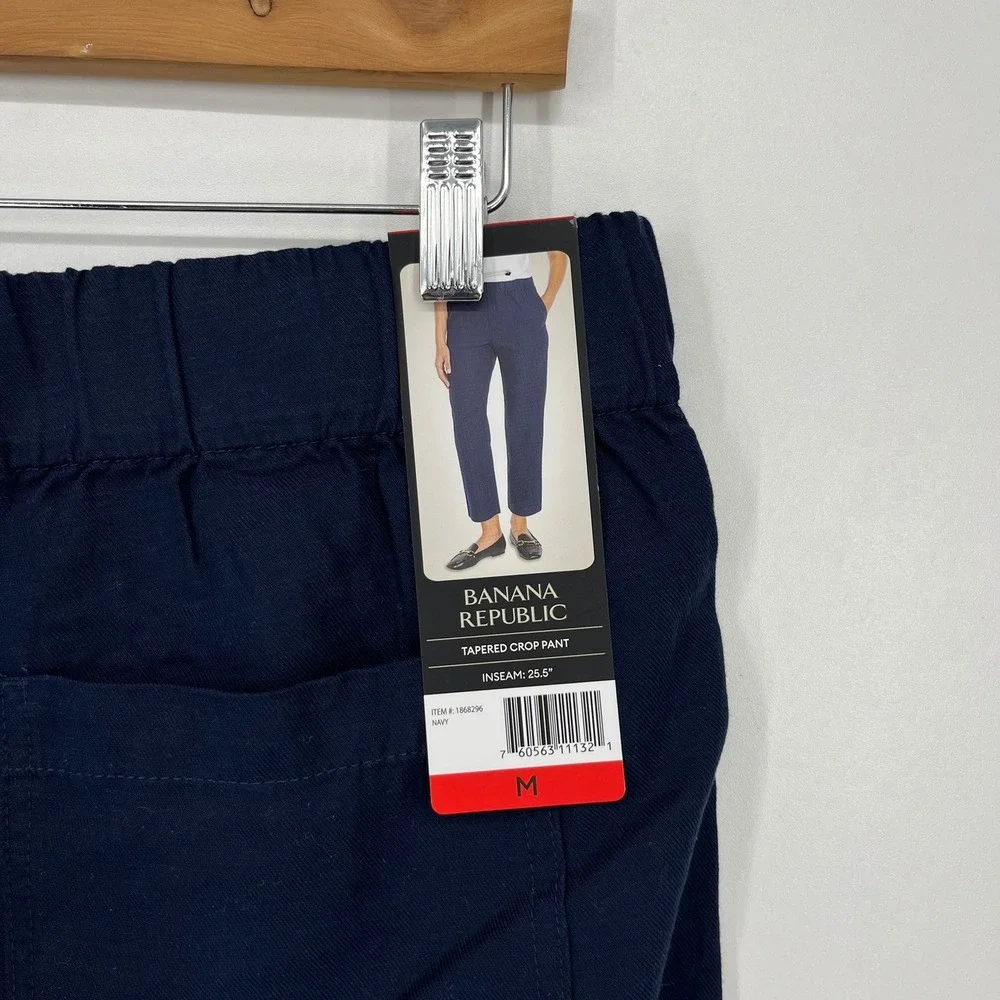 Banana Republic Women Navy Blue Tapered Crop Pant Elastic Waist Lyocell Linen M
